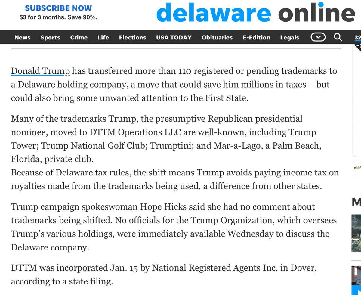 So why did Trump move 110 trademarks to DEHes a genius. https://www.delawareonline.com/story/news/2016/06/01/trump-moves-trademarks-delaware/85254878/