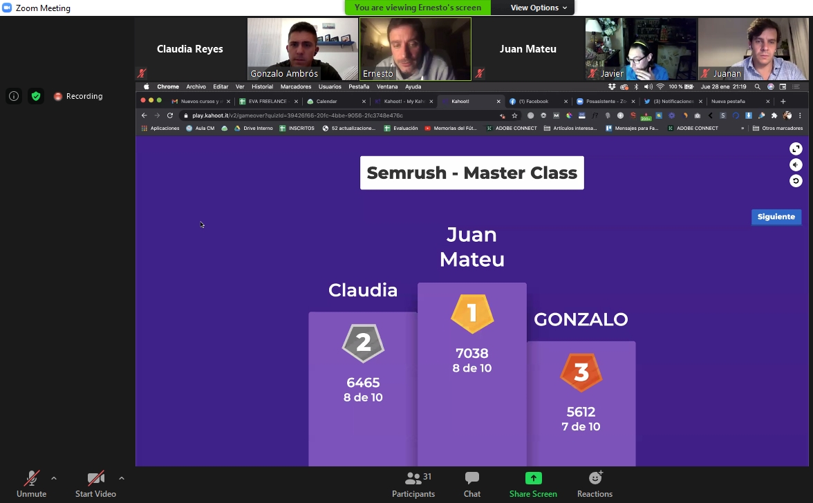 Cl4u_di's tweet photo. 🥈🥈2do LUGAR 🥈🥈

En el podio del @GetKahoot sobre conocimientos de #SEO con: 
📍@aulaCM 
📍@ernestogbusta
📍@ElblogdelSEO  

👉En la súper Masterclass Avanzada sobre Contenidos para SEO con @semrush_es 
Hay que seguir a por el 1ro💪 https://t.co/LdTXJ6qCRf