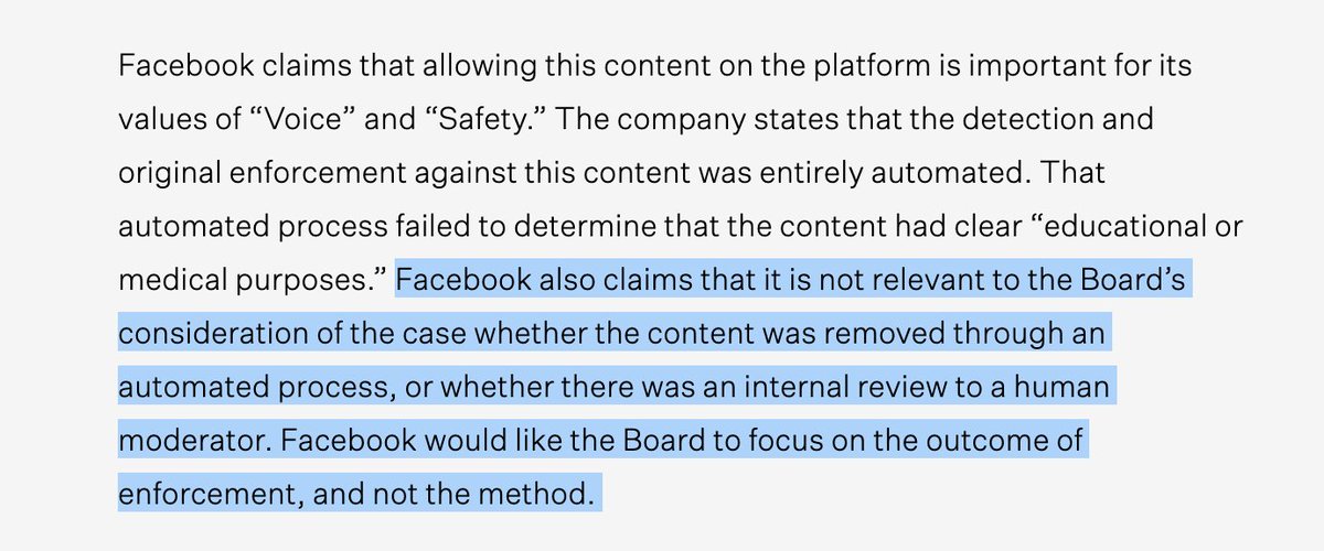 The breast cancer post at issue was automatically removed with no human review. Shockingly, FB apparently argued that the role of automation wasn’t relevant in this case: