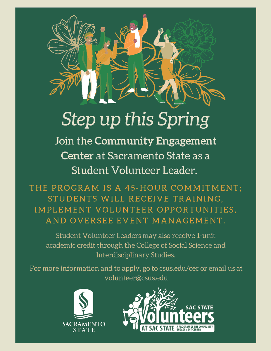 Step up this Spring and apply to become a Student Volunteer Leader this semester! Application deadline is Wednesday, Feb 3rd. Apply Today! csus.edu/experience/anc…