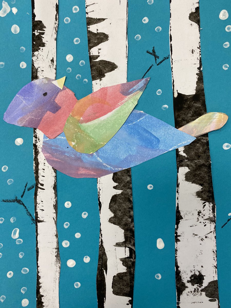 MrsLawrence7's tweet photo. A winter scene with birch trees and birds #winterart #art #elementaryartists @PaddyHillTweet https://t.co/uWG6p8rh47