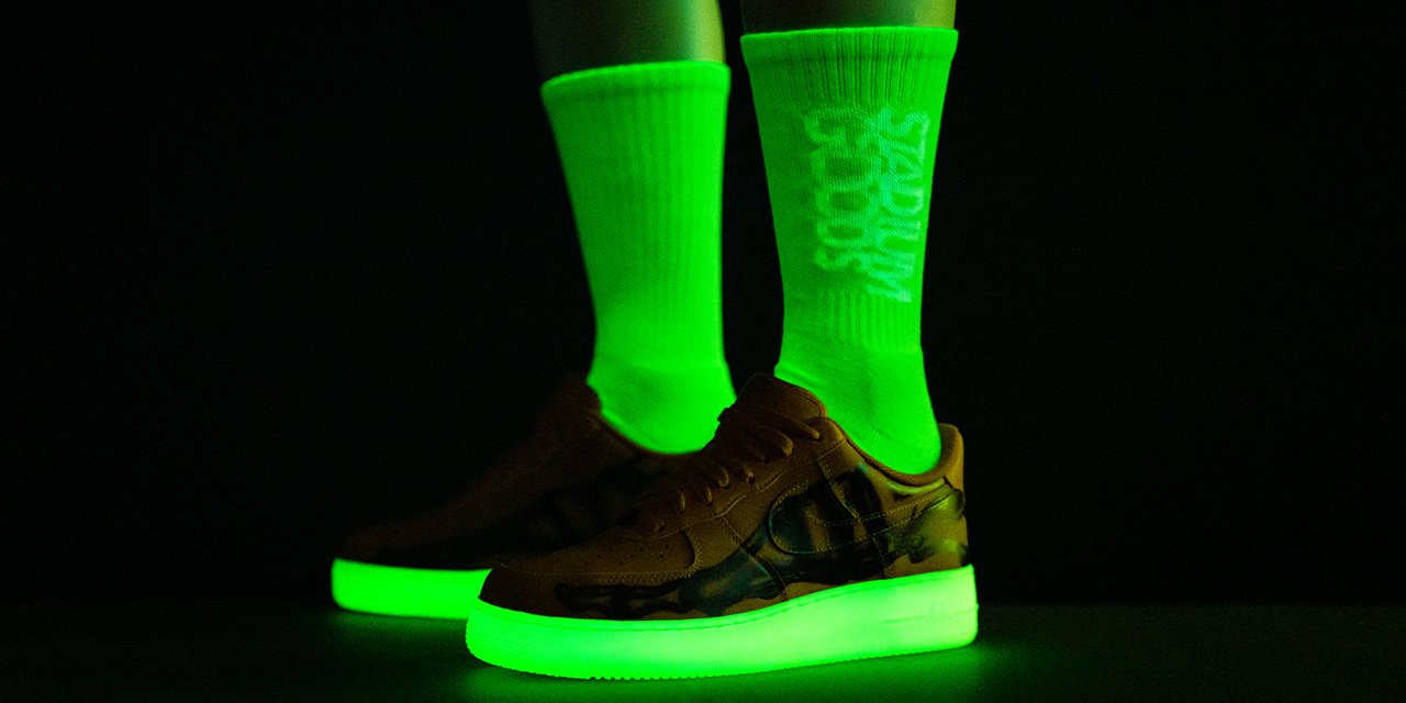 Stadium Goods on X: Want to get noticed? A sure fire way to do so,  especially at night, would be to pair our Stadium Goods Crew Socks in the “ Glow in the