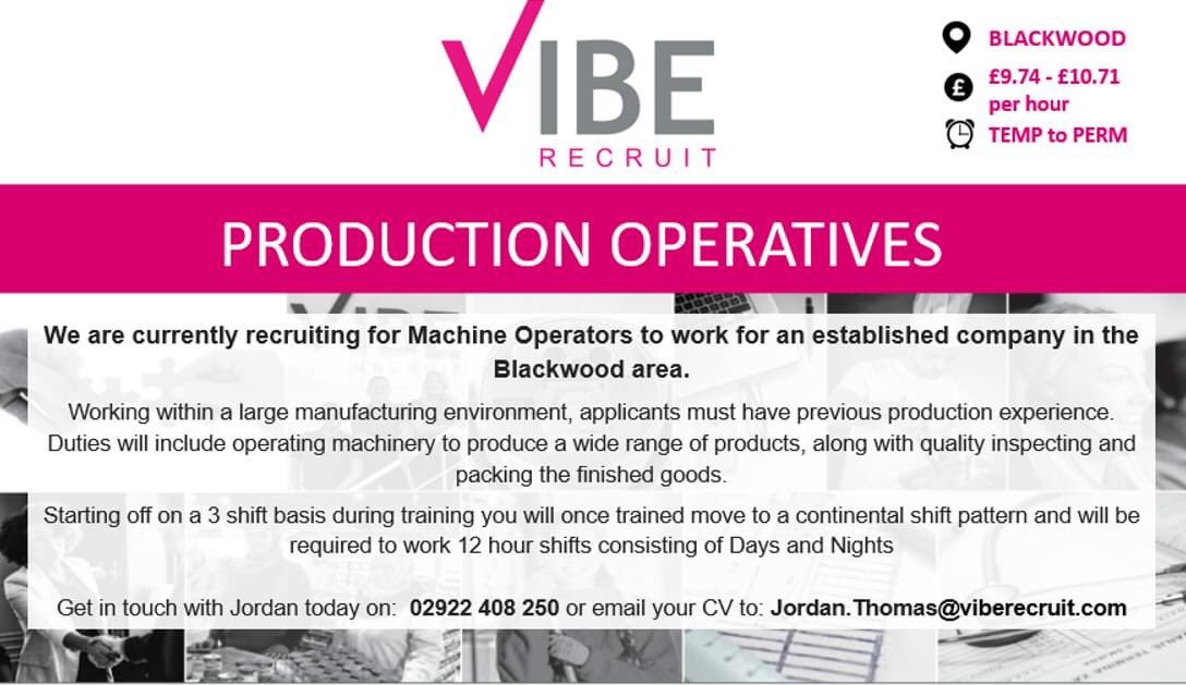Production Operatives wanted in Blackwood.

Immediate starts available.

This is a fantastic temp to perm opportunity for the right candidate.

Full details here: viberecruit.com/job/production…

Get in touch today!
#Productionwork #BlackwoodJobs #productionoperatives #MachineOperator