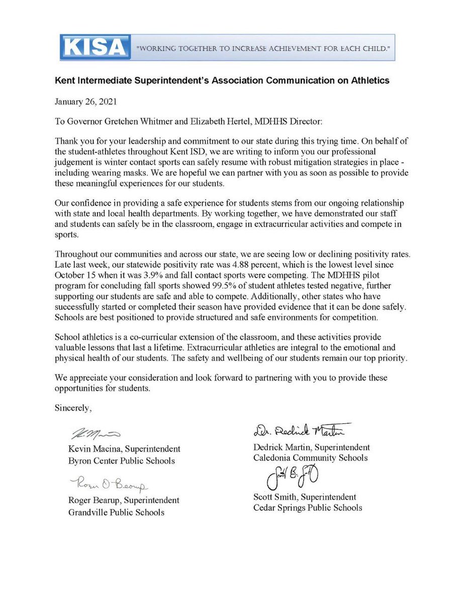 zach_harig's tweet image. Kent County superintendents have written a letter to Governor Whitmer regarding the postponement of winter sports.