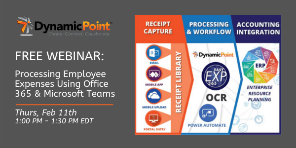 DynamicPoint's tweet image. FREE WEBINAR: Learn how #MicrosoftTeams together with DynamicPoint’s Employee #ExpenseManagementapp, EasyEXP365, can be used to automate each step in your organization’s Employee Expense Management process.  

Learn more &amp;amp; sign up here:  ow.ly/9z0050DjcUK