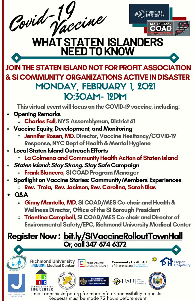 NonprofitSI's tweet photo. Join us & our #SICOAD for a virtual public town town hall "COVID-19 Vaccine: What Staten Islanders Need To Know" on Monday, February 1st 10:30AM-12PM. #StatenIsland #SINY #townhall #vaccines #nyc #VirtualEvents Register Now: https://t.co/YtJ01NeQ9k https://t.co/voJpogHdMf
