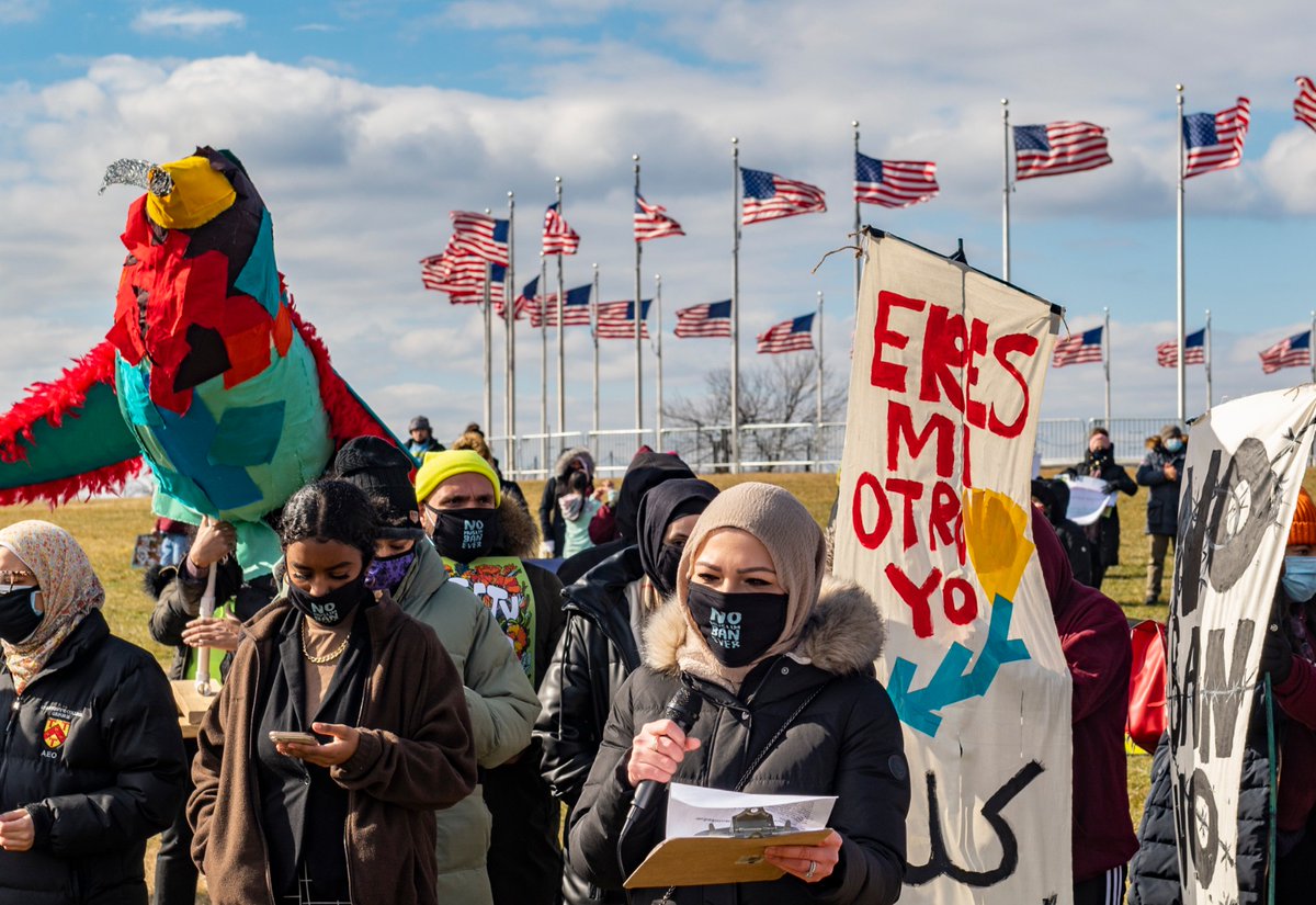 PlusPeaceCo's tweet photo. We remember the 4th anniversary of the US Muslim #TravelBan. We speak our, w/ immigrant justice folks, to end immigrant prisons.
#AllOfUs deserve dignity, respect, safety & justice.
#BuildingPeace #PeopleBuildPeace https://t.co/kfvCExgLrU