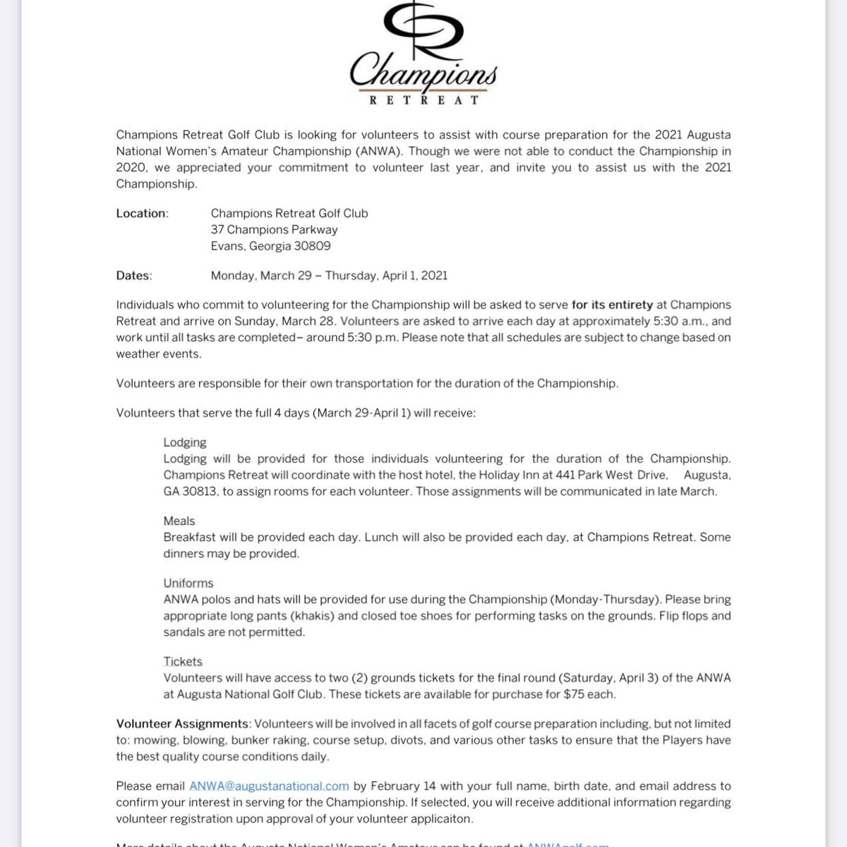 2021 Augusta National Women’s Amateur – Champions Retreat Golf Club is looking for volunteers to assist with course preparation