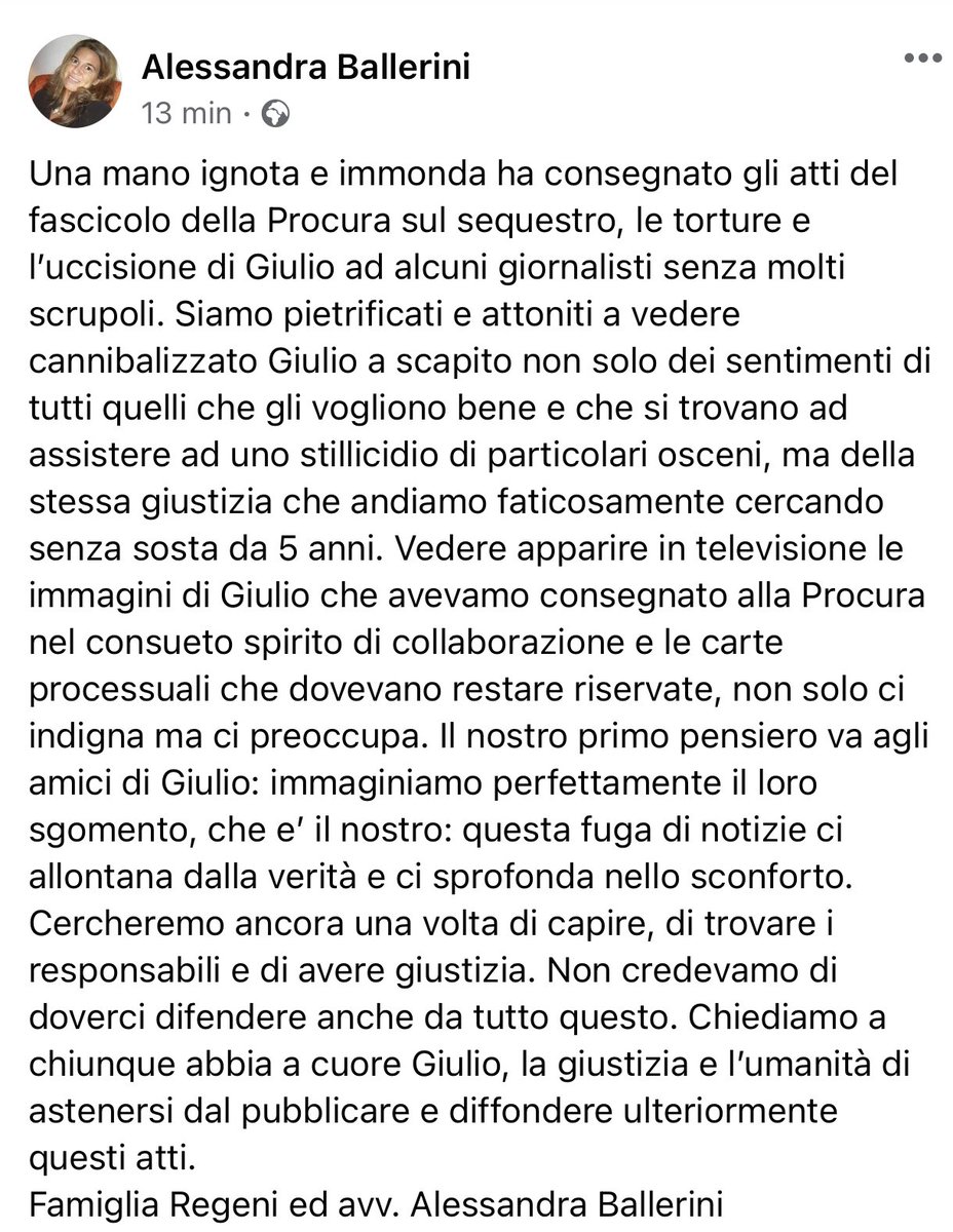 GiulioSiamoNoi's tweet photo. Il comunicato della famiglia #Regeni e della legale @leg_alessandra https://t.co/csOnbROilw