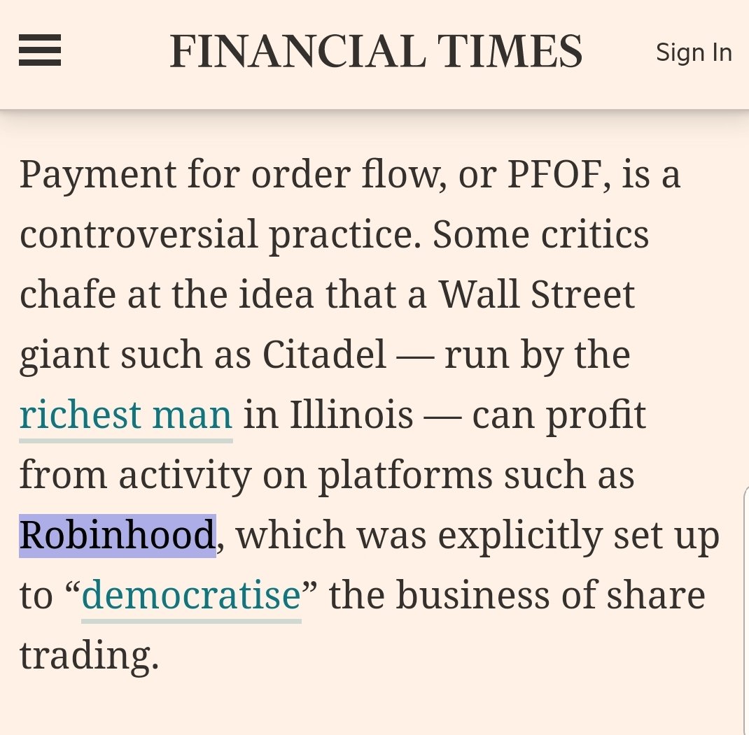 Did you know the market maker for Robinhood, a brokerapp that now forbids  buying GME, is Citadel? Citadel that invested together with Point72 $2,75  billion in Melvin Capital to cover for their