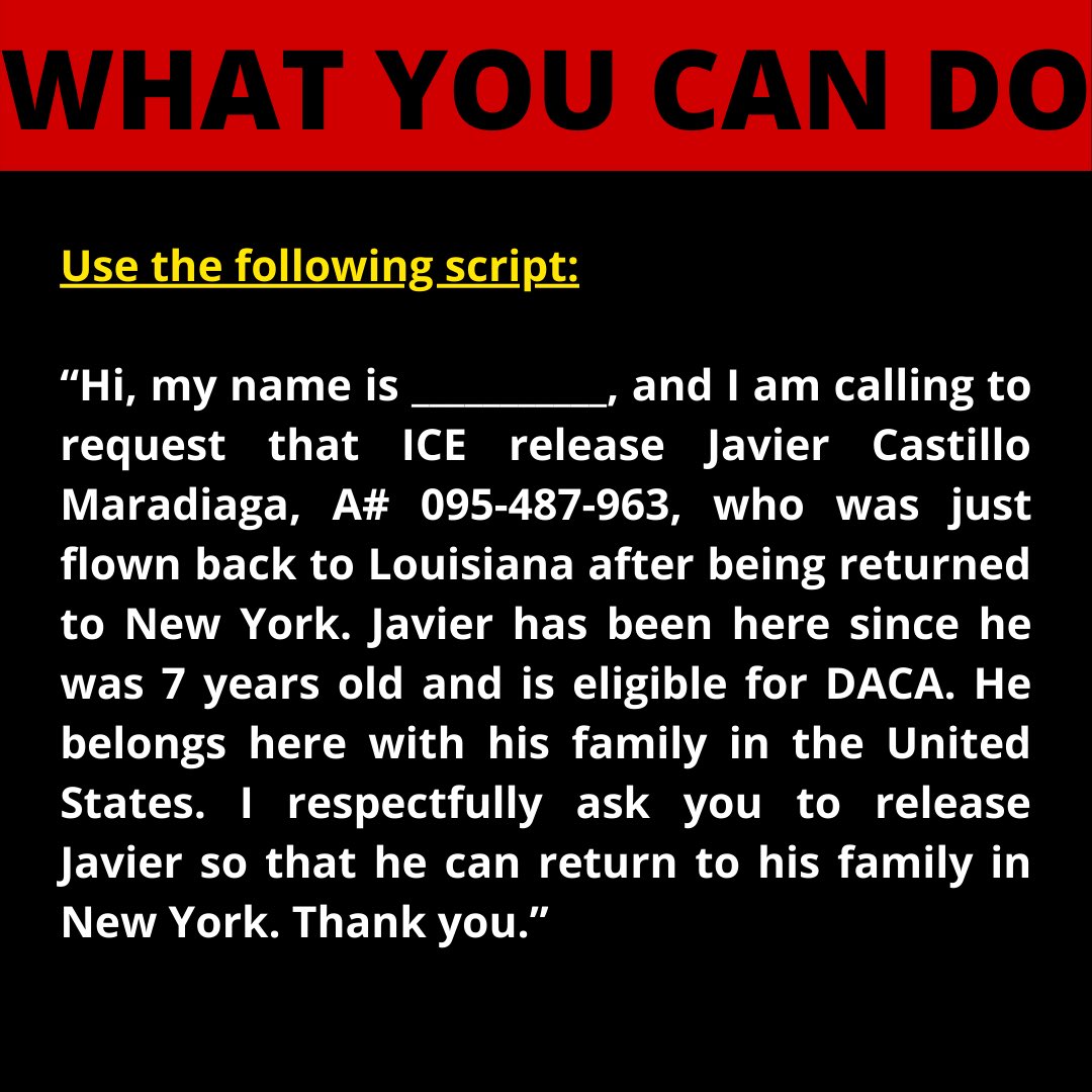 🚨ACTION ALERT🚨

After being returned to New York on Tuesday, ICE is once again attempting to deport Javier Castillo Maradiaga. Today, he was placed on a flight to Louisiana and according to the New York ICE Field office, his status is still set to “removal is imminent.”