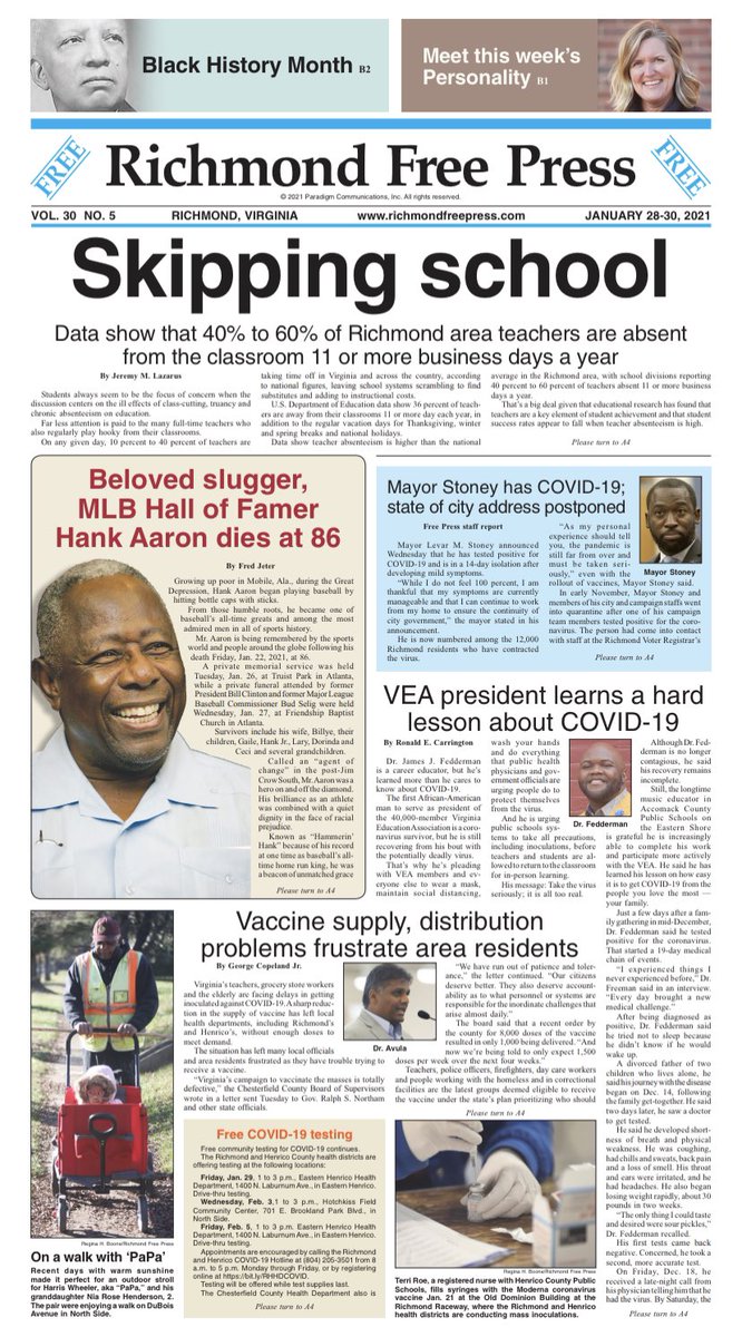 FreePressRVA's tweet photo. Happy last Thursday of January! 2021 is moving fast! Keep up with whatβs happening in Richmond from our perspective. Pick up a paper or go online! #richmondfreepress #RFPstrong #BlackPress #News #RVA #covid19 #pandemiclife https://t.co/B9qn3EHx8E