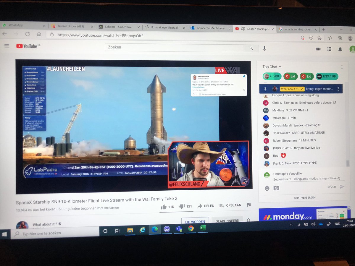 ChristopheVC's tweet photo. Very excited! Waiting for the launch of Starship SN9 #launcheileen Thanks to Felix for his enthousiasm! https://t.co/38HhordcM0