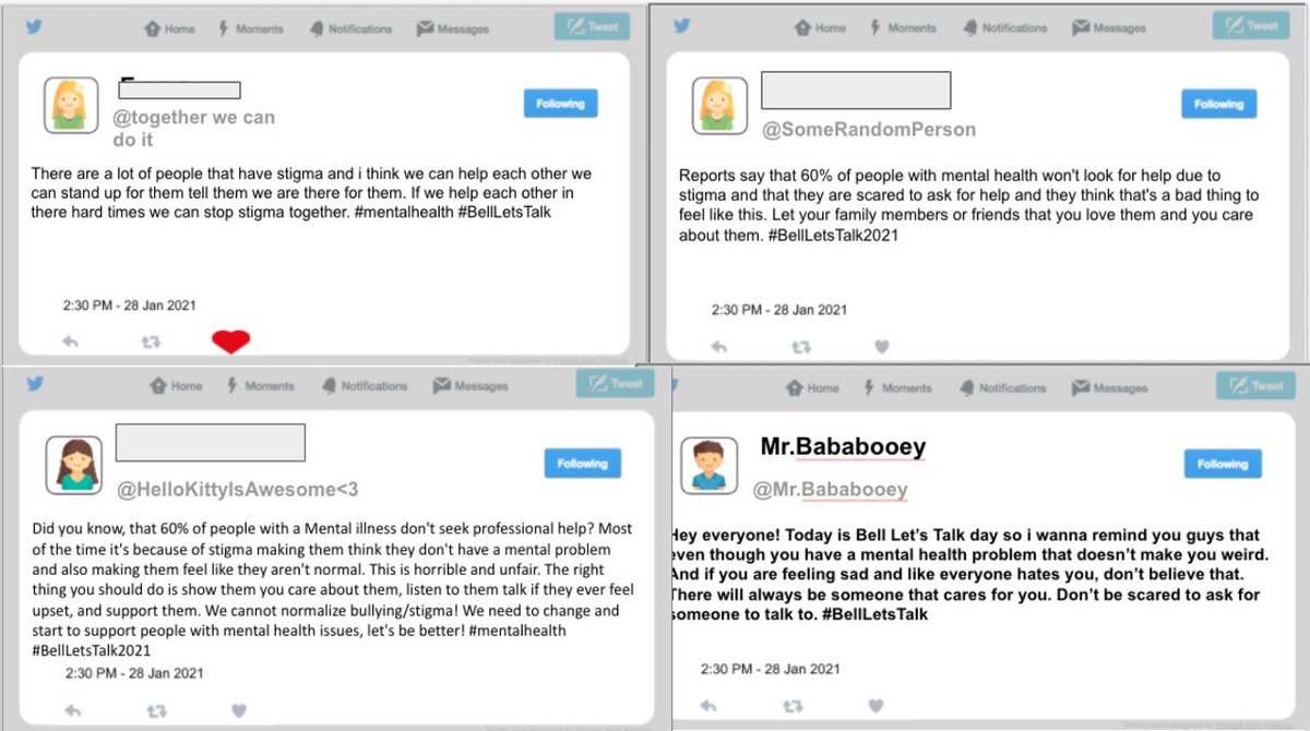 MsColbourne's tweet photo. In Grade 6 we’ve been having some very important conversations about mental health and the impact of stigma. Today students created tweets to share their thoughts and calls to action to participate in @Bell_LetsTalk. #BellLetsTalk #BellLetsTalkDay #EndTheStigma @DDSBatHome5to6 https://t.co/qPNuX6GIA0