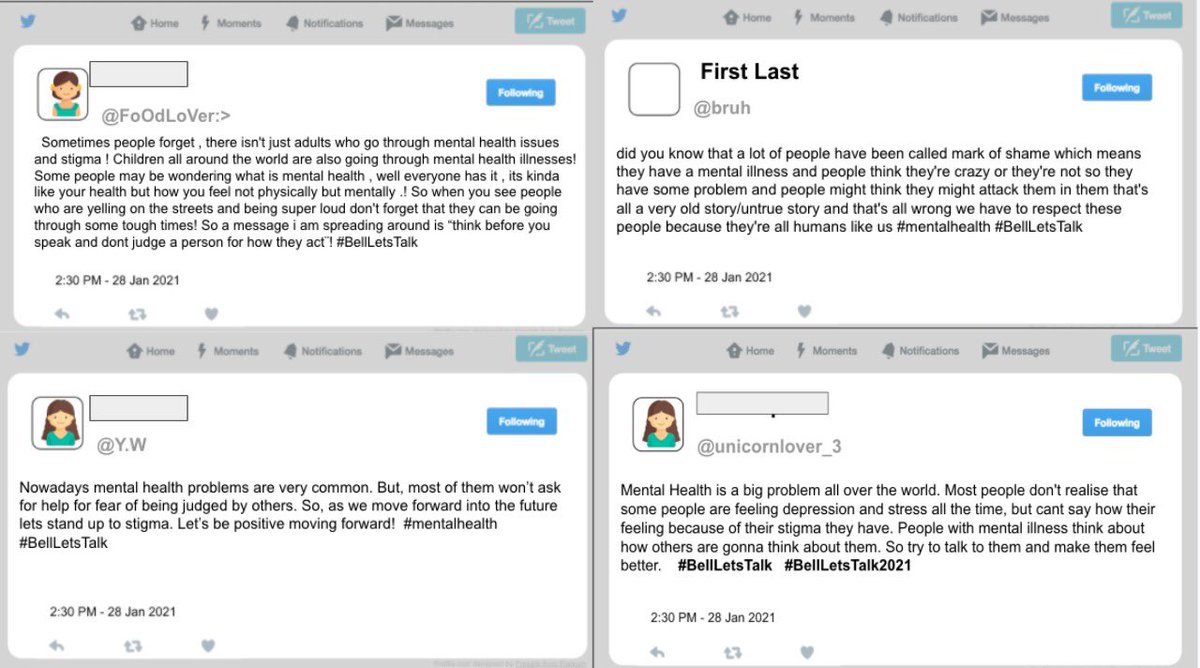 MsColbourne's tweet photo. In Grade 6 we’ve been having some very important conversations about mental health and the impact of stigma. Today students created tweets to share their thoughts and calls to action to participate in @Bell_LetsTalk. #BellLetsTalk #BellLetsTalkDay #EndTheStigma @DDSBatHome5to6 https://t.co/qPNuX6GIA0