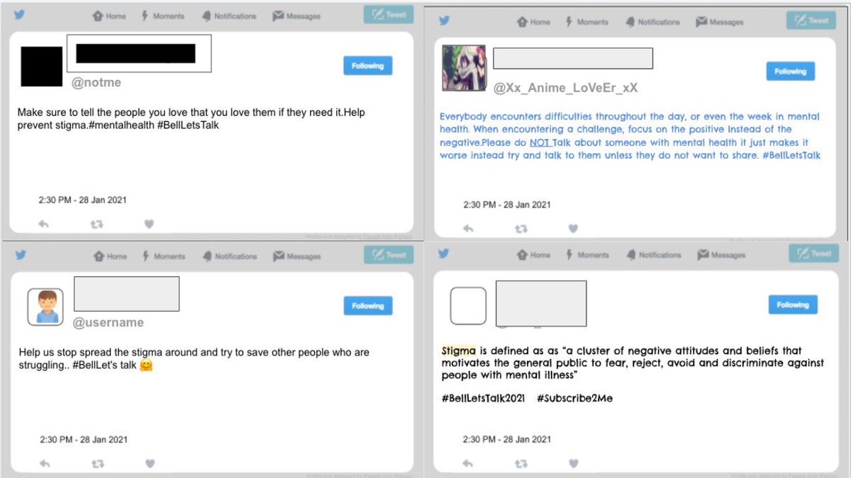 MsColbourne's tweet photo. In Grade 6 we’ve been having some very important conversations about mental health and the impact of stigma. Today students created tweets to share their thoughts and calls to action to participate in @Bell_LetsTalk. #BellLetsTalk #BellLetsTalkDay #EndTheStigma @DDSBatHome5to6 https://t.co/qPNuX6GIA0