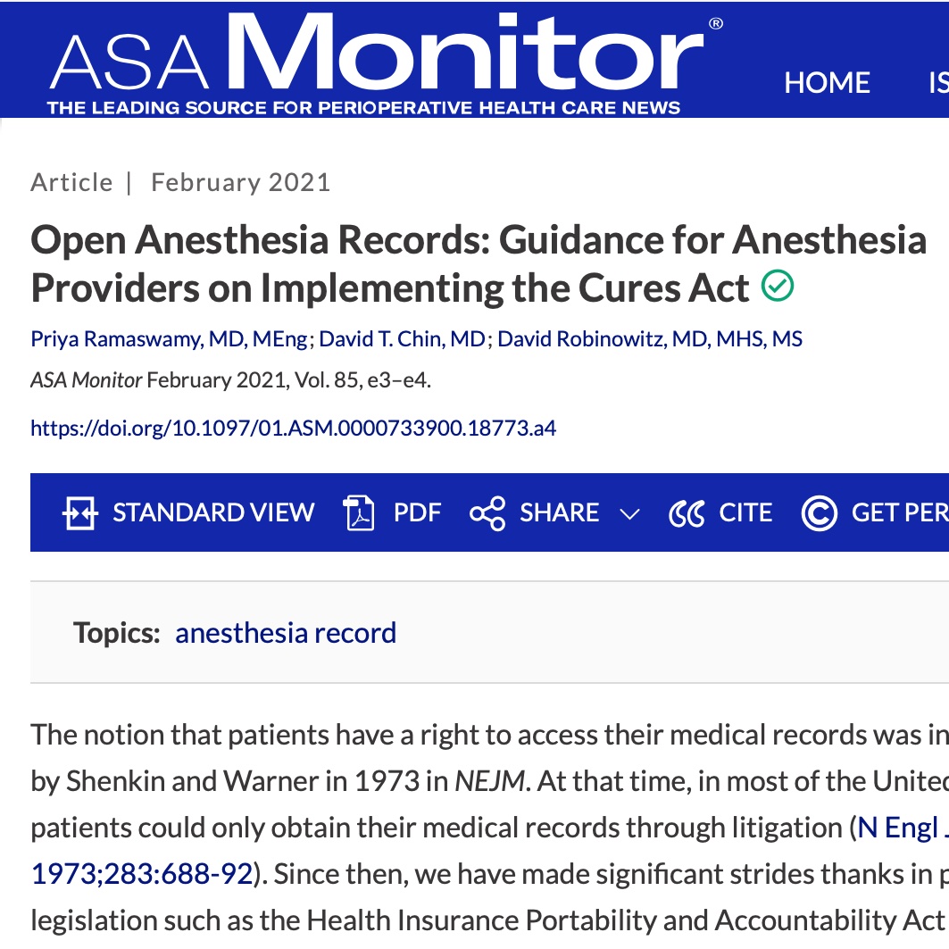 Our article 'Open Anesthesia Records: Guidance for Anesthesia Providers on Implementing the Cures Act' discusses the future direction of Anesthetic Records!  #HealthIT #CuresAct @myopennotes |@UCSFAnesthesia @GovHIT @ASALifeline 
pubs.asahq.org/monitor/articl…