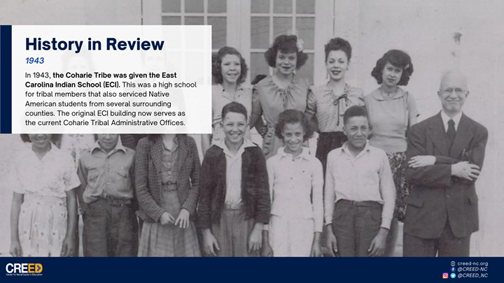 CREED_NC's tweet photo. NC History Review: East Carolina Indian School (ECI) in 1943. This was a high school for Coharie tribal members that also served Indigenous students from neighboring counties. The building now serves as the Coharie Tribal Administrative Offices

Read More: https://t.co/3a7I0yCIGY https://t.co/i8D5jmy3vF