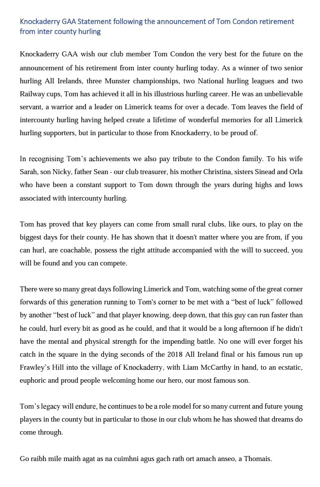 π³π¬ Knockaderry GAA π³π¬ (@knockaderrygaa) on Twitter photo Knockaderry GAA Statement following the announcement of Tom Condon retirement from inter county hurling <a href="/LimerickCLG/">Limerick GAA</a> <a href="/TCondon4/">Tom Condon</a> Knockaderry GAA Statement following the announcement of Tom Condon retirement from inter county hurling <a href="/LimerickCLG/">Limerick GAA</a> <a href="/TCondon4/">Tom Condon</a>