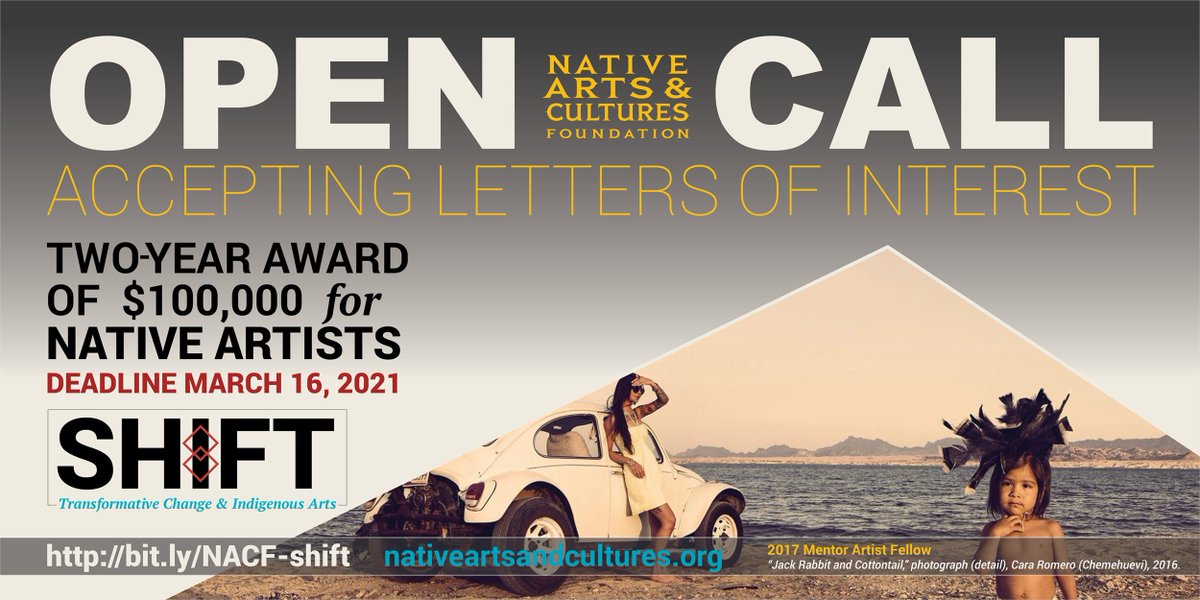 NACF is accepting Letters of Interest for SHIFT—a $100,000 project award for Native artists. For a full description of the program, eligibility & to apply, visit bit.ly/NACF-shift. 
DEADLINE: March 16
#NACFshift #nativeamerican #nativehawaiian #alaskanative
