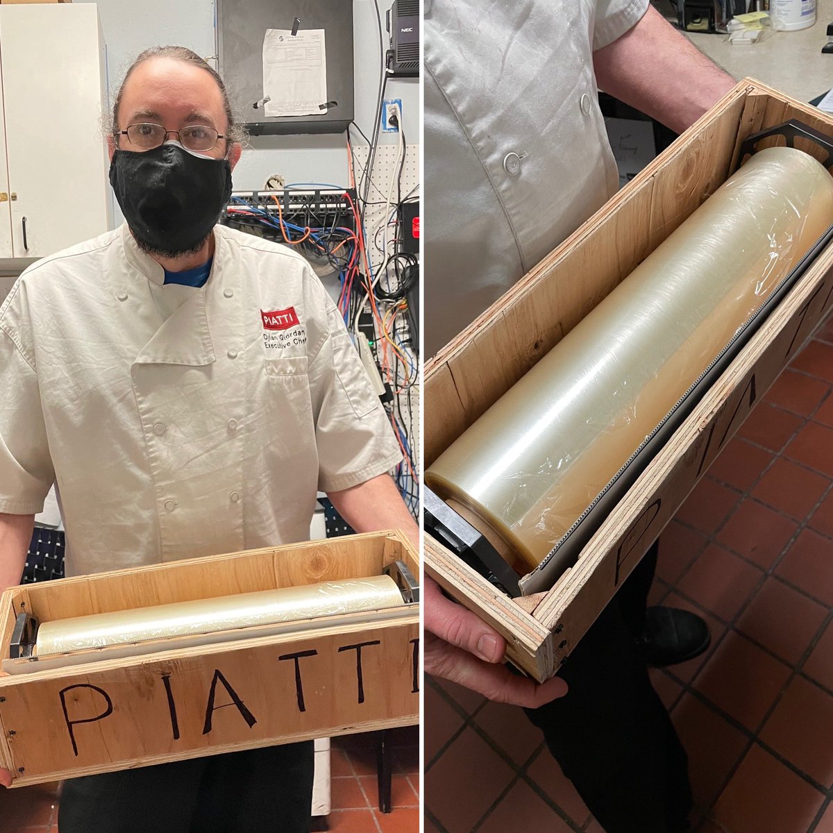 We take a break from our usual programming to present you with an elated Chef Dylan. This one goes out to all the Chefs who wrestle with a dilapidated cardboard box that holds the plastic wrap.  Line cook Vicente made this box!  #cheflife
