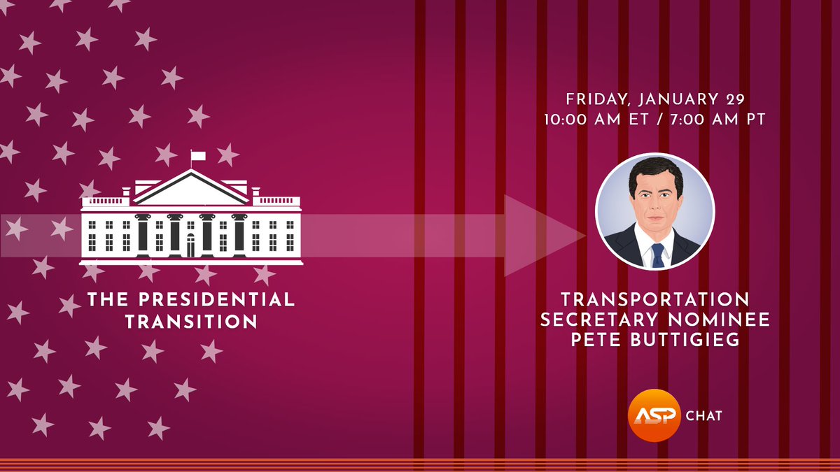 Announcing an upcoming ASP Chat with @ChrisEvans & @MarkKassen on the presidential transition: tomorrow, join former Mayor of South Bend, @PeteButtigieg as he discusses his nomination as Transportation Secretary, his main goals for the Department of Transportation, COVID & more. https://t.co/SGflokFjPK