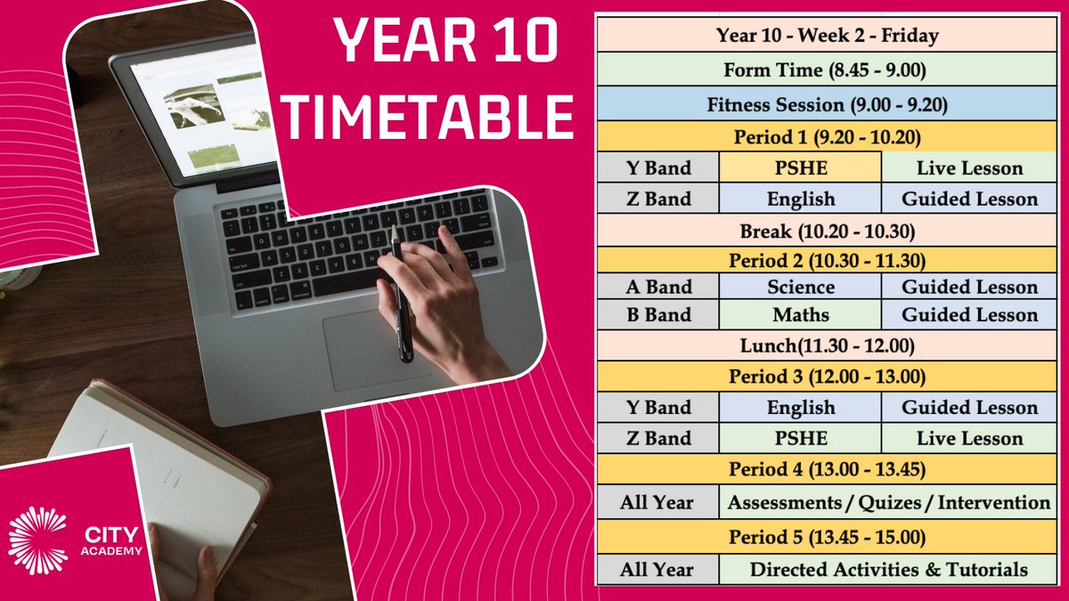 CORECityAcademy's tweet photo. Dear Year 10 students please follow today Week 2- Friday timetable for all remote lessons. @AcademyYear @MrLWilkins @CORECityAca1 @CityL4L https://t.co/v3uoi0SlSJ