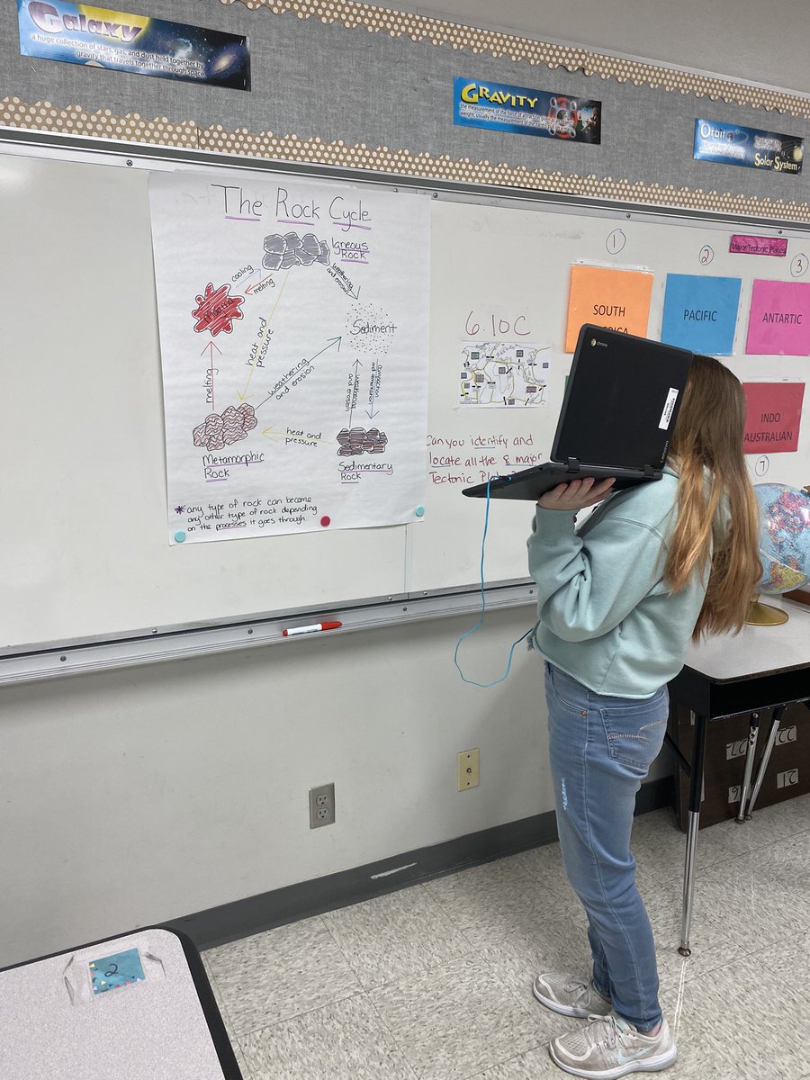 CheritaBoyd's tweet photo. Love seeing our students interact with anchor charts in the classroom! A 6th grader is showing an anchor chart to her virtual learning group as they work together to complete a Rock Cycle Digital Escape Rm! #ScienceRocks #FunandstillLearning @ambermhope @JawanWiltz @AnnMulvihill https://t.co/3cvVj0HH63