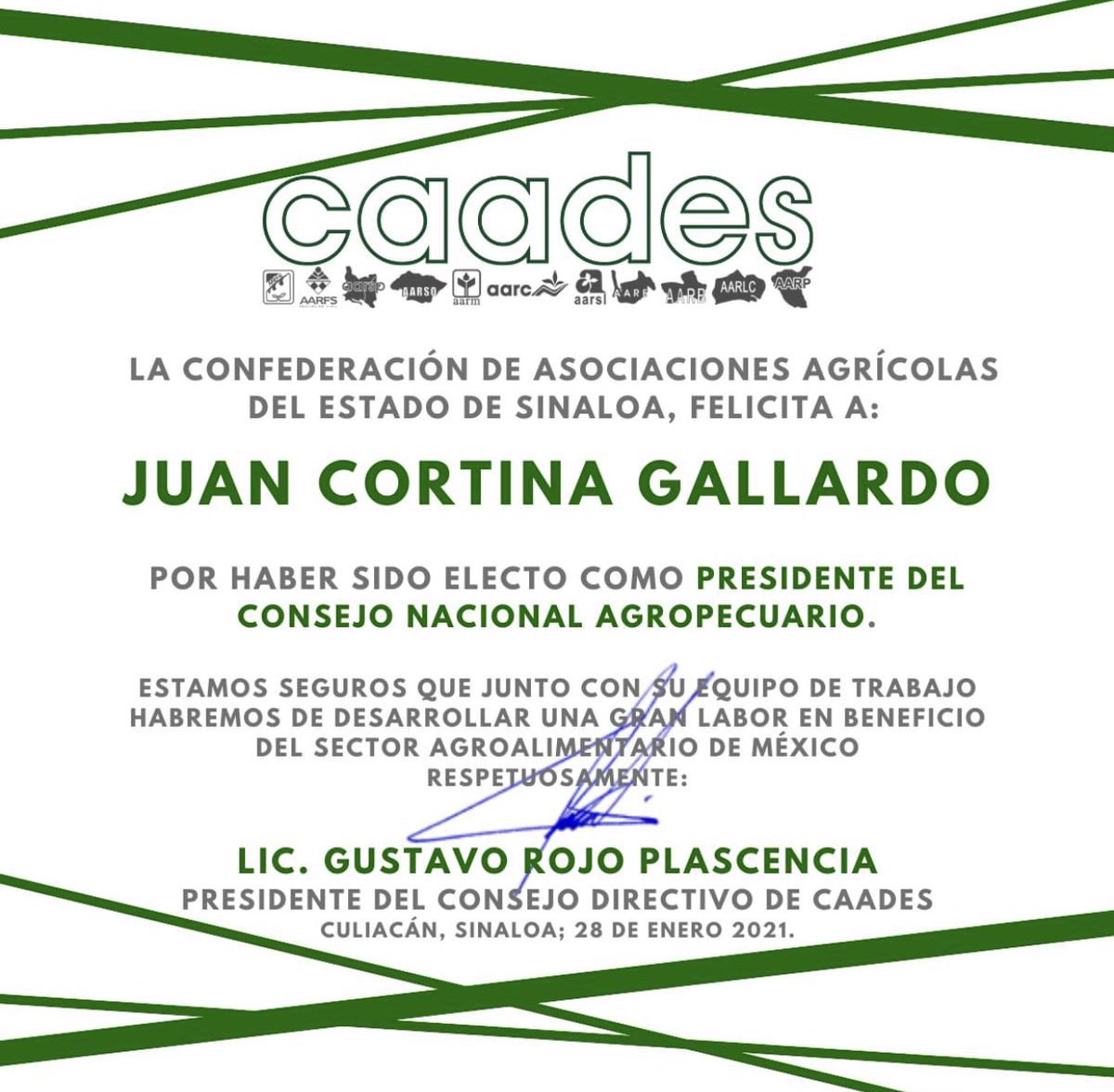 #CAADESINFORMA     

Este día nos complace felicitar a Juan ⁦<a href="/CortinaGallardo/">Juan Cortina Gallardo</a>⁩ , por haber sido electo como Presidente del Consejo Nacional Agropecuario, estamos listos para trabajar unidos, con fortaleza y disposición. ⁦<a href="/Gustavo_rojop/">Gustavo Rojo</a>⁩