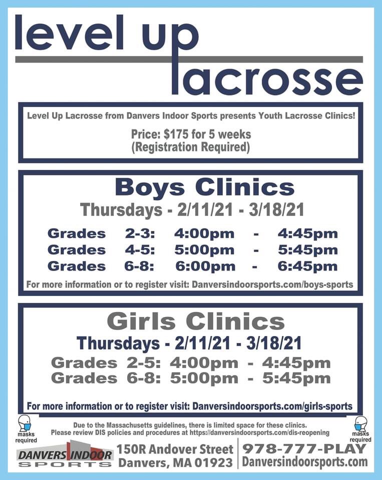 DanversIndoor's tweet photo. The next session of Level Up Lacrosse Youth Clinics for grades 2-8 starts in two weeks.

Register before February 5 and enter to win a $50 gift certificate to Lacrosse Unlimited in Danvers! 

Girls programs: https://t.co/UZdsbd8MMI 
Boys programs: https://t.co/DHuuNrejIP https://t.co/dX9djqq6PW