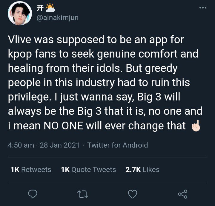 Anyone pushing a fear based narrative around BH/BTS becoming too dominant and taking over the KPop/Kmusic market is just...clueless, to put it kindly. The “Big3” is, and was, basically a myth.Who really has power?Tech & mass media co’s.Do you know KakaoM (now KakaoEnt)?  https://twitter.com/renkiger/status/1354121193058516993