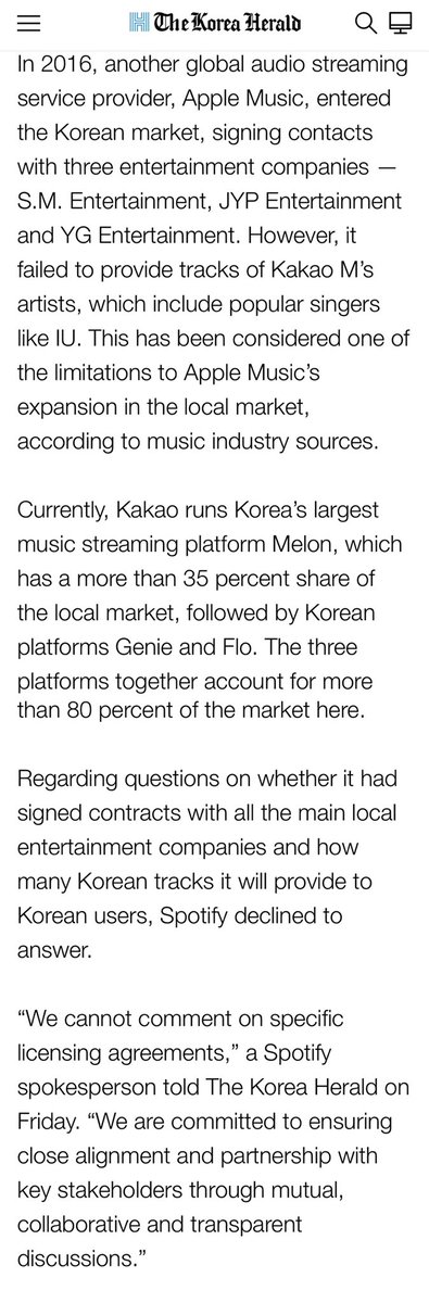 They significantly helped Apple Music fail in 2016 when it entered the Korean market. They’re currently a huge hurdle for Spotify.They not only own Melon, they own a huge roster of subsidiary music labels + artists - even MORE than those in info graphic attached in the above QT.
