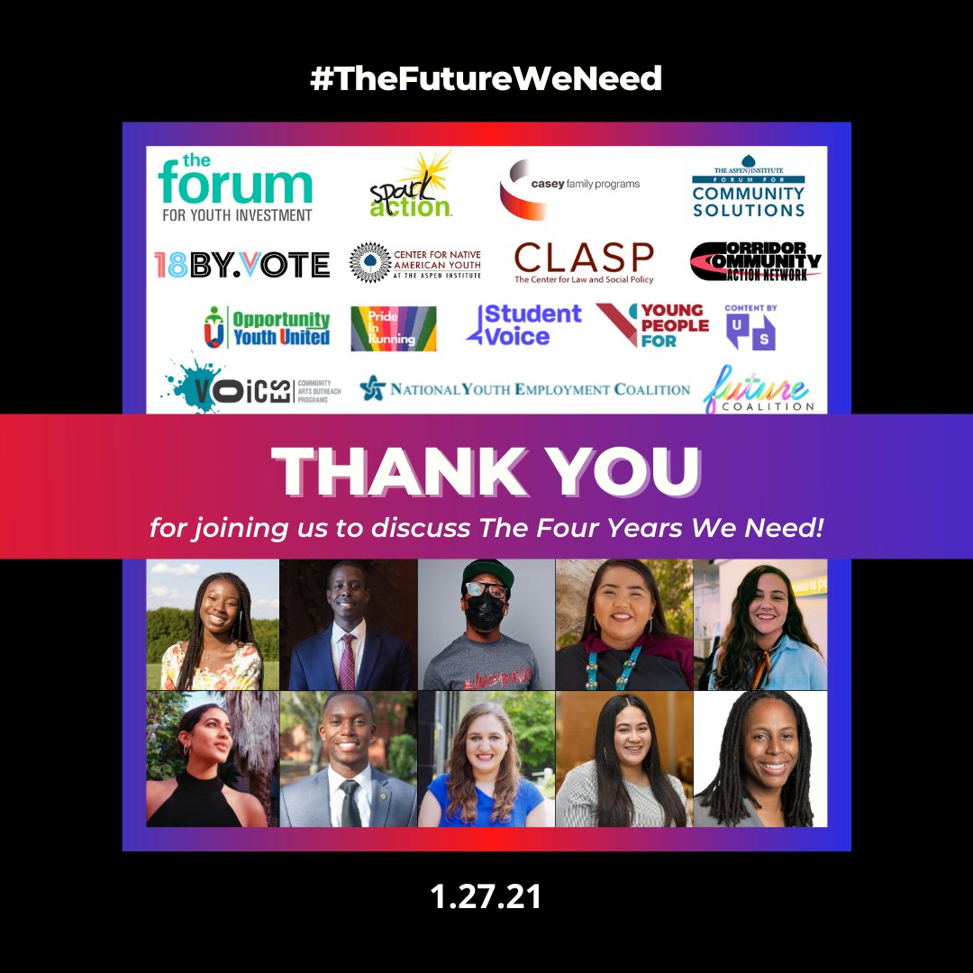 THANK YOU to everyone who joined us last night to discuss #TheFourYearsWeNeed! @sparkaction, @caseyprograms, @AspenFCS, @CorridorCAN, @18byvote, @oyunited, @prideinrunning, @stu_voice, @youngpeoplefor, @voicescorp, @CLASP_DC, @forumfyi, @TheNYEC, @FutureCoalition, @Center4Native