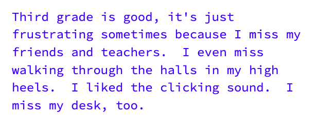 One of my ladies feelings on remote learning. So sweet! <a href="/WarnsdorferEB/">Warnsdorfer</a>