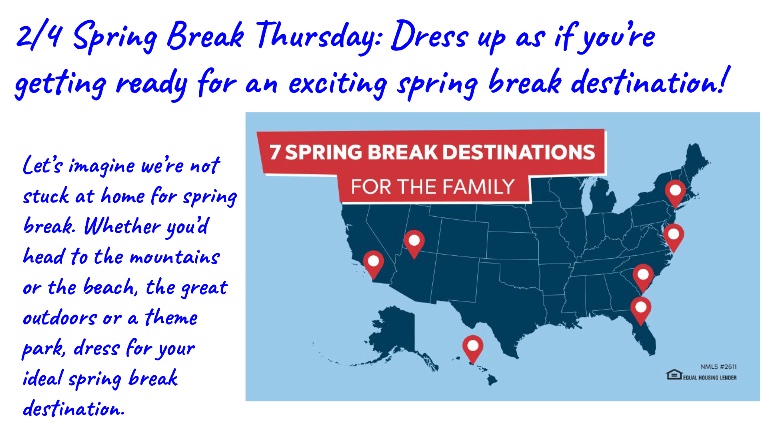 RoncalliStuCo's tweet photo. February 4th is Spring Break Thursday! Dress up as your ideal spring break destination and remember to submit your all-out selfies to earn points for your class. Our first class competition is entrance decorating celebrating Roncalli student life! https://t.co/N5svdDIVc2