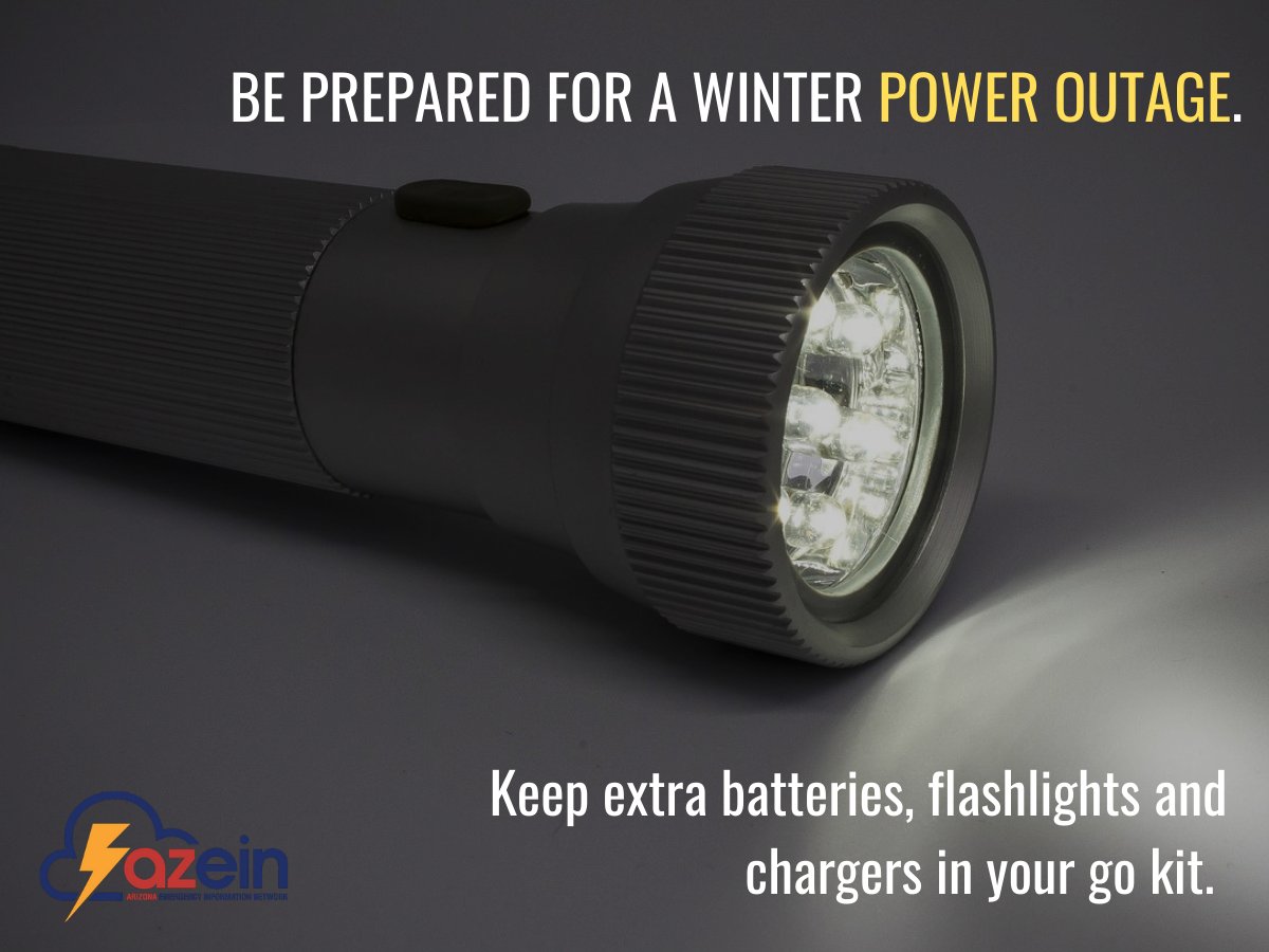 AzEIN's tweet photo. Don’t get left out in the cold during a winter power outage! Plan ahead with a stock of batteries, flashlights and alternative charging methods for electronics.
Learn more: https://t.co/VVcCSJAwAR #ReadySetGoAz #WinterReadyAz https://t.co/hKwRGUbuvy