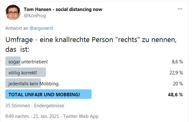 KonProg's tweet photo. Der Erfolg dieser Taktik hängt natürlich vom Umfeld ab. Wenn das Umfeld eines Covidioten-Acc bereits ca. zur Hälfte endverblödet ist, wie bei diesem Ardodings, der zuvor enttäuscht kreischte, weil die Rechtsextremistin #Anabell "rechts" genannt wurde, dann:
(siehe Bild)
2/x https://t.co/F3nnOX3TJR