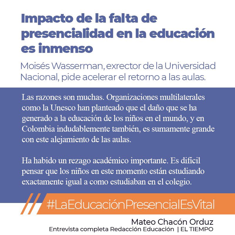 IsabelSegoviaO's tweet photo. Maravillosa entrevista hoy del profesor @mwassermannl sobre la necesidad de abrir los colegios. Gracias Profesor #LaEducacionPresencialEsVital @dario_maldonado @sandragarciajar @villamizar @julrubiano @RSilvaRomero @patolinecamacho @Brigittelgb @JuanitaGoe @agaviriau @Alnoguerac https://t.co/9ccEtf5iJP