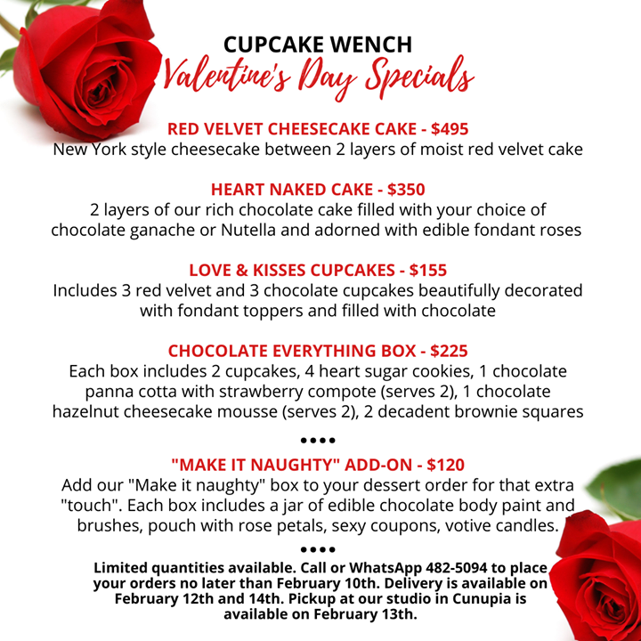 cupcakewench's tweet photo. Our Valentine's Day dessert specials are here. And for those looking to spice things up, we highly recommend adding the "Make it naughty" box to your order. 

Call or WhatsApp 482-5094 to order. https://t.co/KsYkWi4UGy https://t.co/8laLPcnjbg