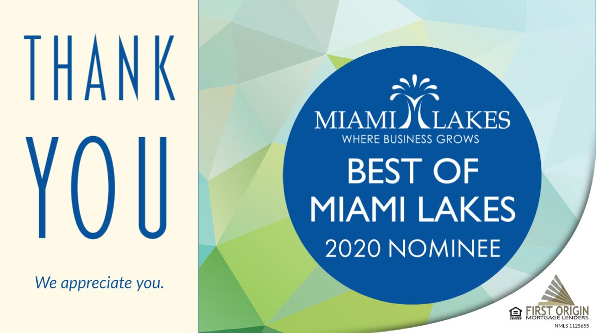 Thank you to all who nominated us for the BEST OF MIAMI LAKES in PROFESSIONAL SERVICES 2020. We appreciate the kind consideration and congratulate all of the winners! 🏆 We look forward to next year! 
.
.
.
.
.
#firstoriginmortgage #lenders #miamilakes #townofmiamilakes