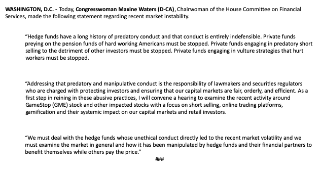 NBCNews's tweet photo. NEW: House Financial Services Cmte. Chair Waters says she'll hold hearing on "recent activity around GameStop... and other impacted stocks with a focus on short selling, online trading platforms, gamification and their systemic impact on our capital markets and retail investors." https://t.co/khIFRMgzIc