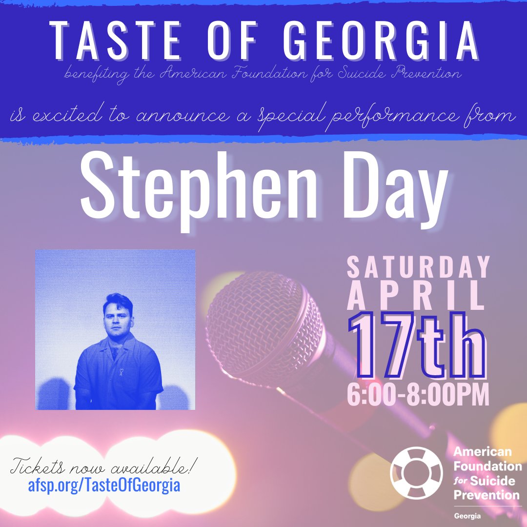 AFSP_GA's tweet photo. We are 𝘁𝗵𝗿𝗶𝗹𝗹𝗲𝗱 to announce that @heystephenday will be playing Taste of Georgia! Join us on April 17th for a live performance from Stephen, Q&amp;A, tasting sessions, life raffle pull, and more! Tickets available now: https://t.co/XwyUiiwhMG 🎤 🎧 https://t.co/FbPRpXyMuC