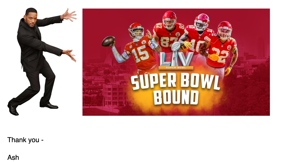 SOSuitcases's tweet photo. I'm a classy professional, so this is how my signature currently looks when I'm emailing my coworkers 👀 @Chiefs #ChiefsKingdom #Chiefs https://t.co/5qDTTMi2ce
