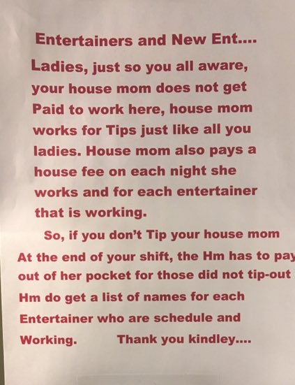 house mom, on the other hand, is NOT paid by the club, & rely exclusively on tips from dancers, who already exclusively rely on tips from customers!so HM cant exchange her reproductive labor power for a wage, she exchanges for idk what to even call it? mediated variable capital