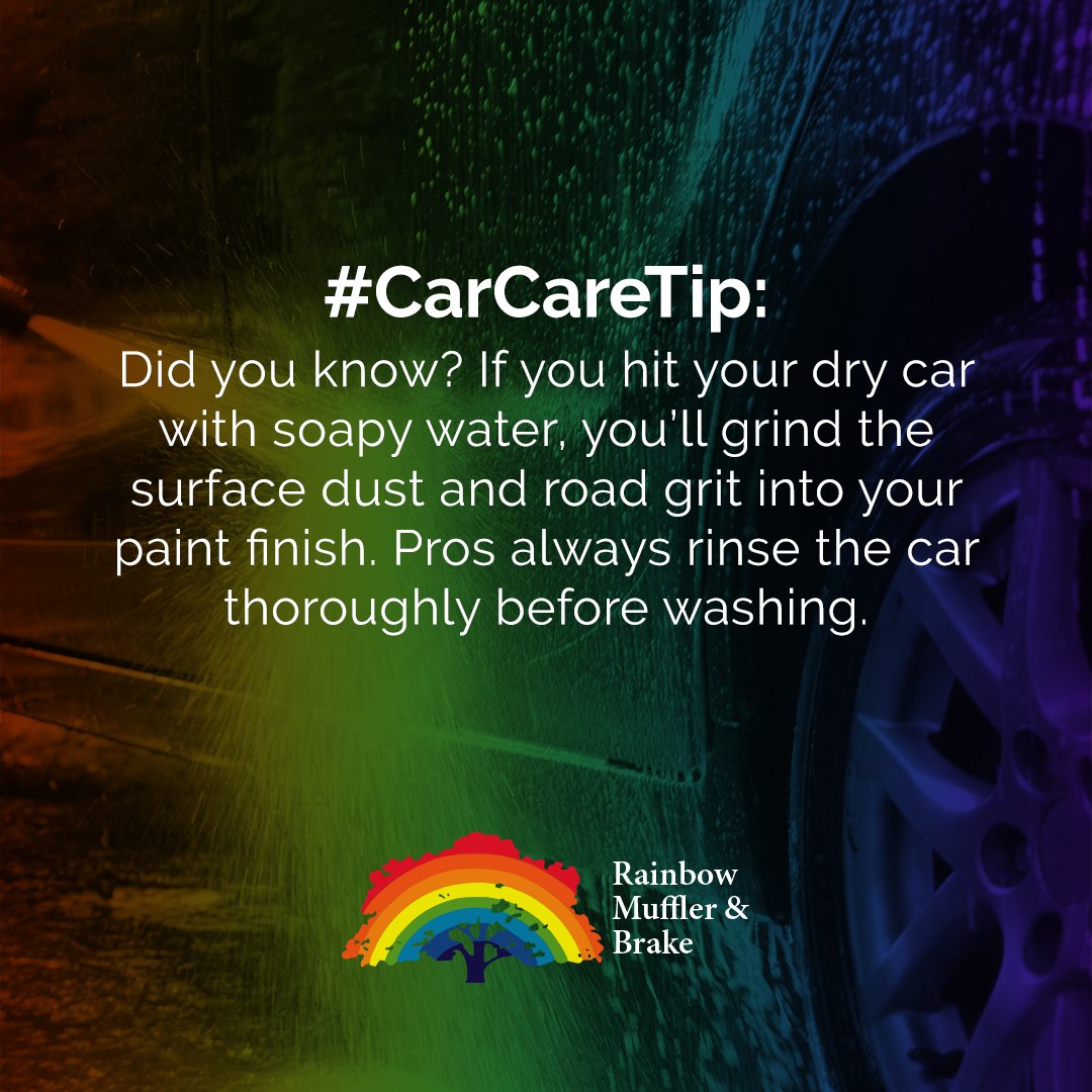 _RainbowMuffler's tweet photo. #CareCareTip: Did you know? If you hit your dry car with soapy water, you’ll grind the surface dust and road grit into your paint finish. Pros always rinse the car thoroughly before washing. #carmaintenance #carcleaning #carcleaninghack https://t.co/SS4oMnUIbf