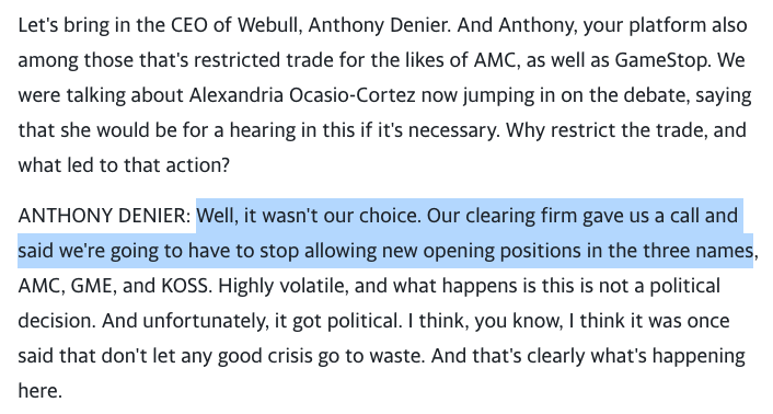 OK, here *may* be why Robinhood & other brokerages shut down trading.Not because evil. Because they can't afford the cost!Due to the volatility of these stocks, their partners now (understandably) want cash up front. No one wants to be holding the bag.  https://finance.yahoo.com/video/heres-why-robinhood-restricting-users-173049721.html