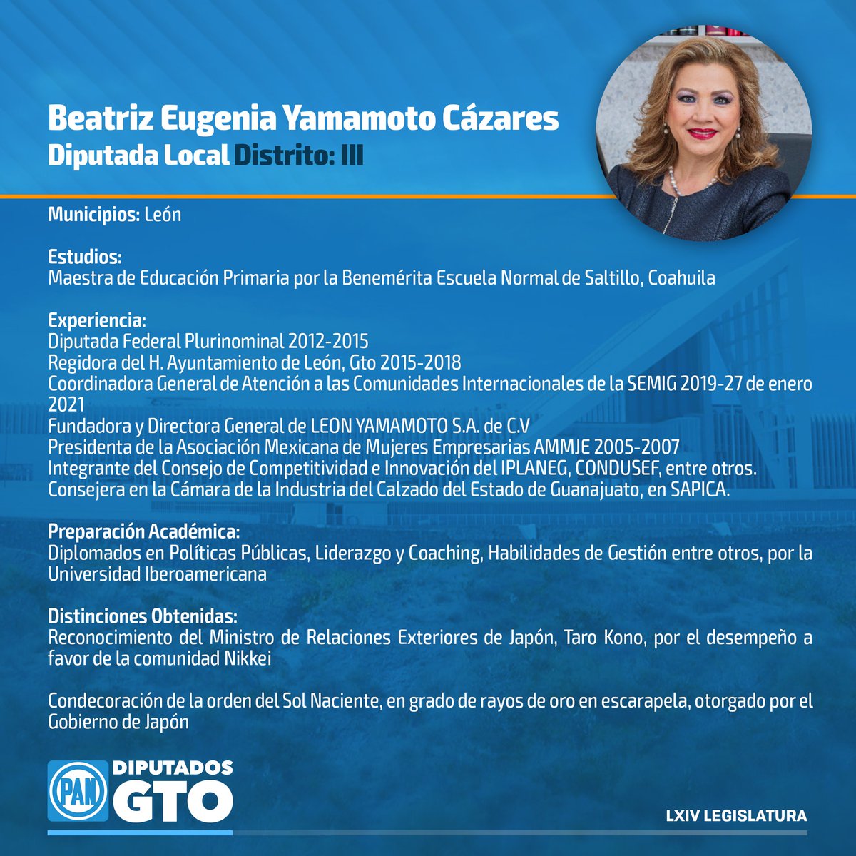 Conoce a Beatriz Eugenia Yamamoto Cázares, diputada integrante de la LXIV Legislatura del <a href="/CongresoGto/">Congreso del Estado de Guanajuato</a> que rindió protesta el día de hoy para formar parte de la bancada de #DiputadosPANGto ante el pleno de la Diputación Permanente como representante del Distrito III.