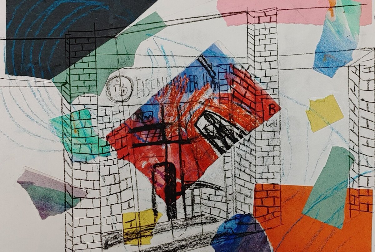 CuratorCreative's tweet photo. We got out of the classroom today! My students participated in a "Pop Art Day" and we finished this piece in just one class period! We collaged, sketched with chalk pastels, then practiced architectural design with charcoal pencils. Awesome work!!
@Eisenhower_AISD 
#AldineArt https://t.co/IWXWW3oD4F