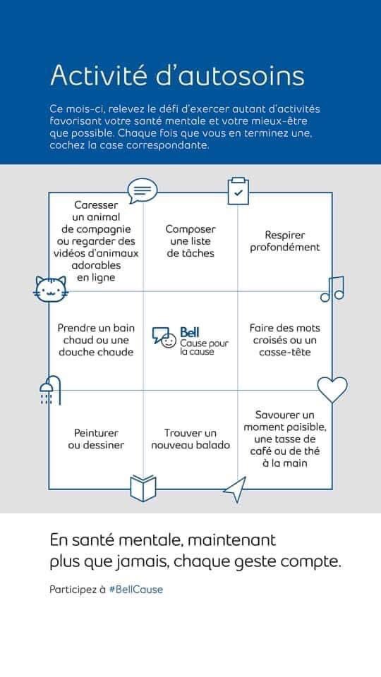 La santé mentale, c’est comme la santé physique.
On doit en prendre soin sur une base régulière pour la conserver!
#Bellcause