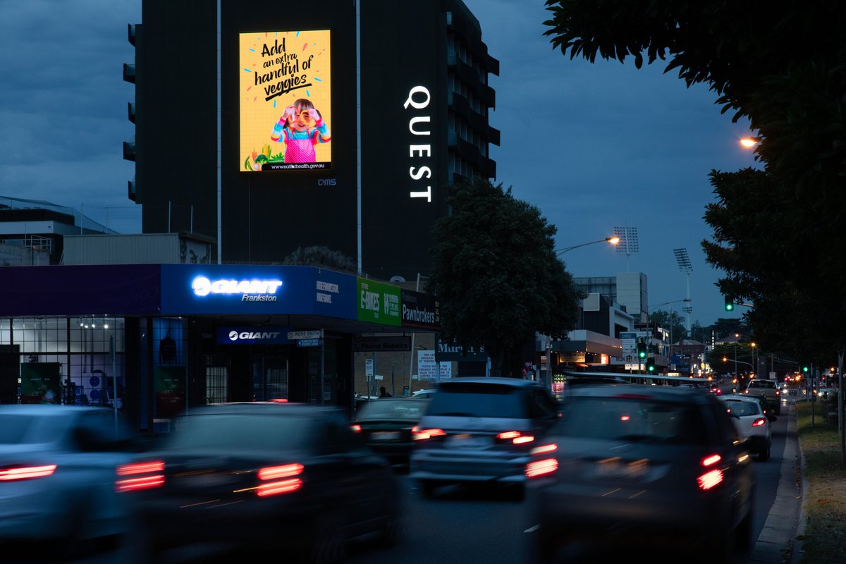 QMS_Media's tweet photo. A big, bold & bright reminder for Aussies to #AddVeggies to their plate. In partnership with @healthgovau & the @OMA_Australia, we are putting the power of #OOH to work & helping raise awareness to all Aussies about the importance of making healthier choices. #BeMemorable https://t.co/1t3CbUYEnN
